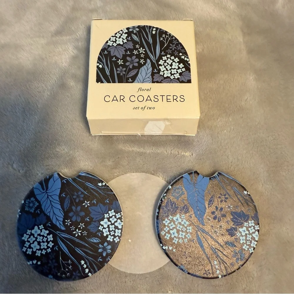 Blue & Black‎ Floral Car Coasters, Cork & Ceramic Set Of 2 New NIB